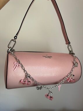 Silver Purse Charm with Pink Cherry and Bow Accents